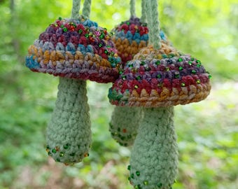 Green olive Crochet Mushroom Charm with multicolor hat, Toadstool Keychain, Forestcore Bag Accessory, Whimsical Gift for Nature Lovers