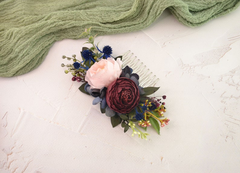 Flower hair comb burgundy Flower thistle headpiece Flower hair piece bridal Wedding comb bride Navy flowers comb image 4