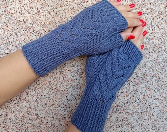 Hand Knit Wool Blend Fingerless Mittens | Women’s Warm Winter Gloves | Lace Knit Arm Warmers | Custom Color Texting Gloves