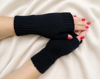 Black fingerless gloves women for typing Warm mittens for her Winter gloves without fingers Hand knit fingerless mitts dusty blue