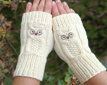 Hand knit fingerless gloves with owls Handmade blue denim owls womens mitts Texting fingerless knited gloves Owl lover gift for her