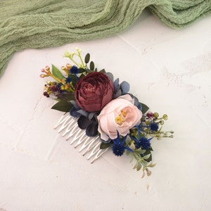 Flower hair comb burgundy Flower thistle headpiece Flower hair piece bridal Wedding comb bride Navy flowers comb image 3