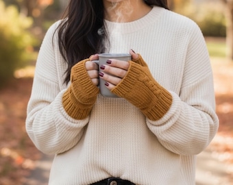 Mustard yellow fingerless mittens | Hand knit wool blend gloves | Cozy autumn texting gloves | Warm Gift for Her | Arm warmers outdoor