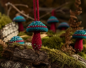 Crochet Mushroom Car Charm, Rear View Mirror Hanging Ornament, Woodland Decor, Cottagecore Gift, Handmade Beaded Mushroom Wine Turquoise