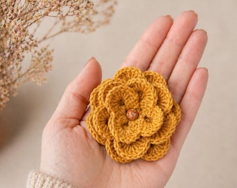 Mustard yellow flower brooch Handmade clothing accessories Yellow flower boutonniere Flower pin crochet Decorative brooch floral for women