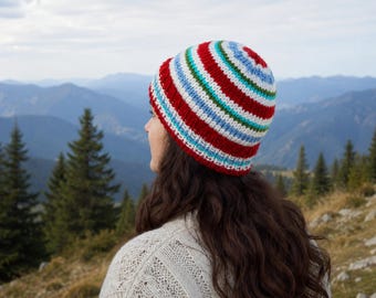 Striped Knit Beanie for Adults | Red Winter Hat | Hand Knitted Wool Blend Beanie | Colorful Unisex Hat | Cozy Warm Knit Hat