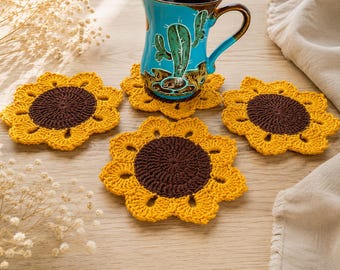 Crochet Sunflower Coasters Set of 4, Handmade Mug Rugs, Farmhouse Kitchen Decor, Yellow Floral Drink Coasters, Housewarming Gift