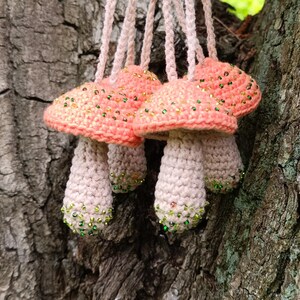 Beige and peach mushroom hanging Car charm handmade Crochet mushroom ornament Mushroom car mirror hanging Tote bag pendant