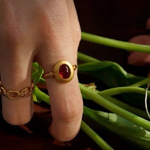 Red Garnet 18k Gold Vermeil Ring, Art Deco Cabochon Ring, Promise Ring, Garnet Ring, statement Ring, Cocktail Ring, silver Ring