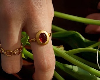 Bague Ancienne Or Rose 9 Carats - Cabochon Grenat - Taille 4 1/2 - Vintage Succession