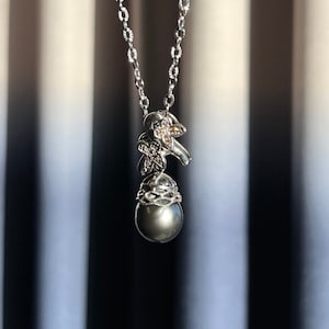 Tahitian Black Pearl & Champagne Diamond Pendant Necklace with Certificate, Fine Jewelry Necklace, Pearl Necklace, Charm Necklace,