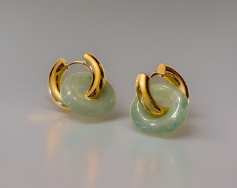 Natural Jade Hoop Earrings, Natural Gemstone Huggie Hoop Earrings, Chunky Huggies Hoop, Jade Earrings, Gold Earrings, Green Earrings