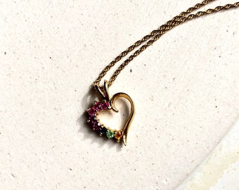 Vintage Rainbow Crystals Heart 18k Gold Filled Charm Necklace | Vintage Gold Necklace | Vintage Jewelry | Heart Necklace |Heart Pendant