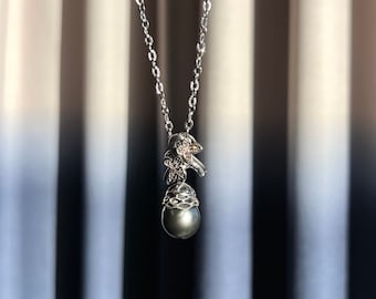Pistachio Tahitian Black Pearl & Champagne Diamond Pendant Necklace with Certificate, Fine Jewelry Necklace, Pearl Necklace, Charm Necklace,