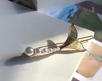 Rainbow Crystals and Pearl Mermaid Hair Barrette, Hair Jewelry, Wedding Hair Pin, Gold Barrette,Hair Accessories,Pearl Barrette