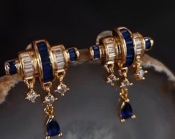 French Art Deco Baguette Diamond & Blue Sapphire Earrings | Small-Batch Sculptural Design in 18K Gold Filled