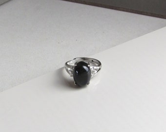 Obsidian Cabochon Silver Ring, Solitaire Ring, Promise Ring, Engagement Ring, Wedding Ring, Cocktail Ring, Obsidian Ring,Black Ring