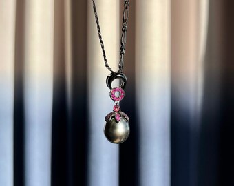 Peacock Tahitian Black Pearl & Ruby Pendant Necklacewith Certificate, Fine Jewelry Necklace, Pearl Necklace, Charm Necklace, Pendant Necklac