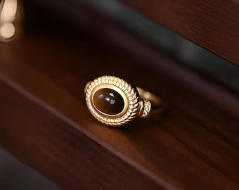 Tiger’s Eye Cabochon 18k Gold Ring, Art Deco Ring, Promise Ring, Tiger’s Eye Ring, Statement Ring, Cocktail Ring, Silver Ring