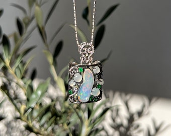Natural Opal Pendant Necklace, Fine Jewelry Necklace, Colorstone Necklace, Opal Necklace, Silver Necklace, Perfume Necklace