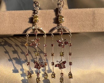 Color Change Garnet & Golden Beryl Chandelier Earrings with Certificate, White Gold Earrings,Fine Jewelry,Statement Earrings,Bridal Earrings