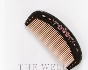 Sakura Black Lacquer Hair Comb | Wooden Comb | Black Lacquer Comb | Fine Toothed Comb | Japanese Comb | Mother of Pearl | Kushi Comb