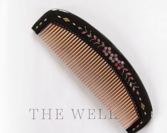 Sakura Black Lacquer Hair Comb 6" | Wooden Comb | Lacquer Comb | Fine Toothed Comb | Japanese Comb | Mother of Pearl | Kushi Comb