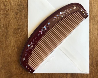 Sakura Lacquer Hair Comb 9" | Wooden Comb | Lacquer Comb | Fine Toothed Comb | Japanese Comb | Mother of Pearl | Kushi Comb