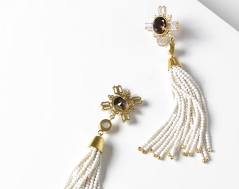 Vintage Gold Vermeil  Smoky Gem with White Bead Tassel Earrings, Vintage Gold Earrings, Statement Earrings, Wedding Earrings