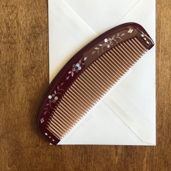 Sakura Lacquer Hair Comb 9" | Wooden Comb | Lacquer Comb | Fine Toothed Comb | Japanese Comb | Mother of Pearl | Kushi Comb