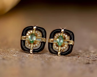 Emerald 18k Gold Stud Earrings for Women,Art Deco Earrings, Natural Emerald Earrings,  Colombian Gemstone, French Enamel Earrings