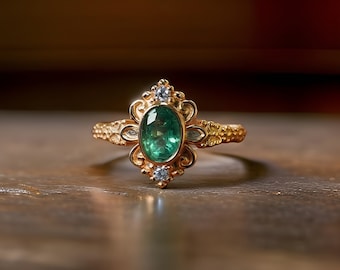Emerald 18k Gold Ring, Victorian Style Ring, 18k Gold Vermeil or Solid 18k Gold Option Available, green gemstone ring, engagement ring