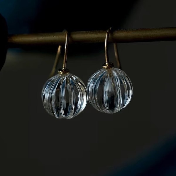 18K Solid Gold Natural Clear Crystal Quartz Hand Carved Earrings| Sterling Silver Natural Quartz Drop Earrings| lantern Shaped earrings