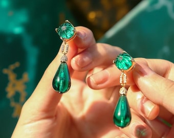 Art Deco Green Drop Earrings | 18K Gold Vintage German Crystal Earrings | Emerald Glass Dangle Earrings | Limited Edition Statement Jewelry
