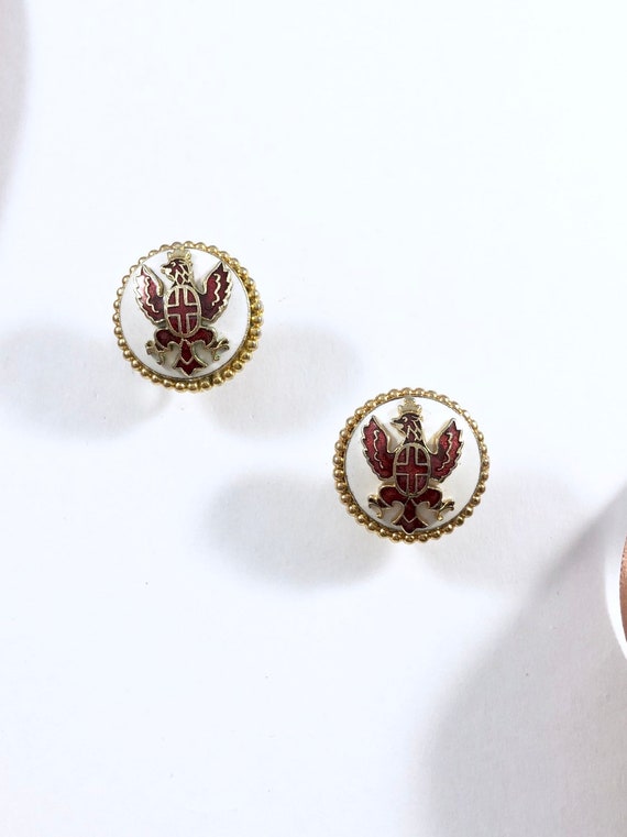 Vintage Enamel Royal Eagle Crest Earrings / state… - image 2