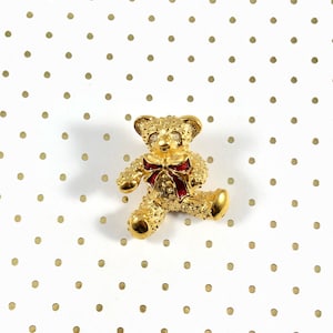Vintage 80s Red Bow Gold Bear Brooch, gift for her, Valentine&#39;s Gift, Teddy Bear Pin, Cute Bear Jewelry, teddy bear brooch, teddy bear jewel