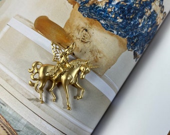 Art Nouveau Unicorn Gold Brooch, Gold Pin, Fairy Brooch, Fairy Pin, Statement Brooch, Statement Pin, Unicorn Brooch,Art Nouveau Brooch