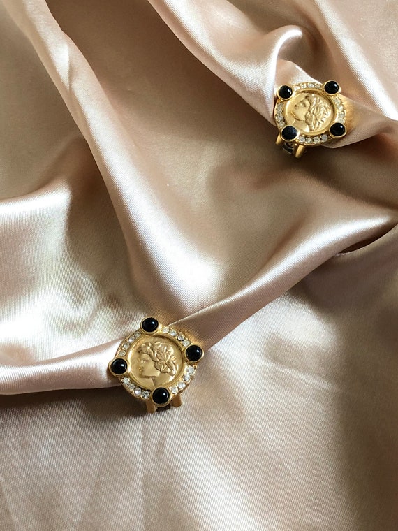 Medallion Black Crystals Gold Earrings, Vintage G… - image 3