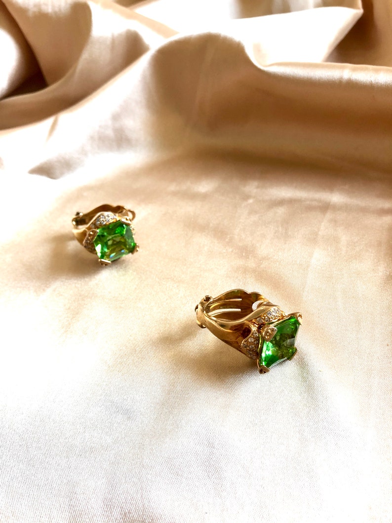 Green Step Cut Crystal Gold Earrings, Vintage Gold Earrings, Wedding Earrings, Victorian Green Earrings, Crystal Earrings image 4