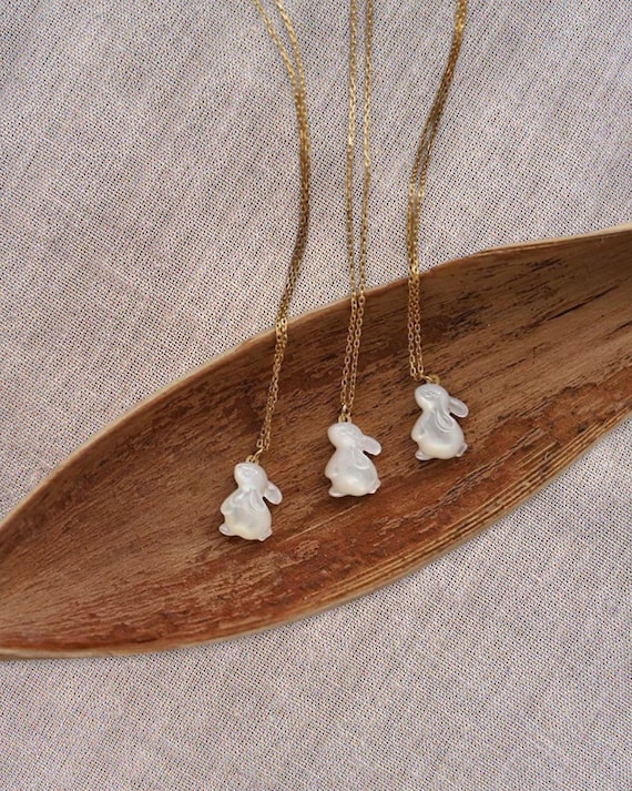 Mother of Pearl Bunny Pendant with Gold Chain, Vi… - image 5