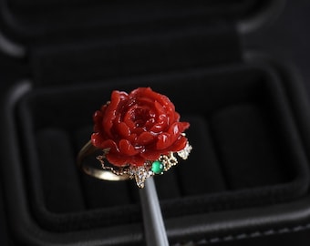 Japanese Aka Coral Peony Ring in Solid 18K Gold | Natural Red Coral Flower Ring | Diamond & Emerald Accent Statement Ring