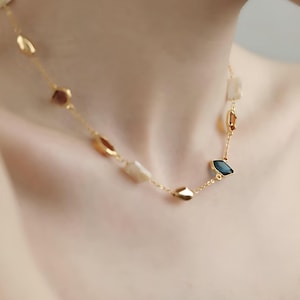 18K Gold Multi-Gemstone Station Necklace | Natural Mother of Pearl & Crystal Chain | Elegant Layered Necklace | Gift for Her