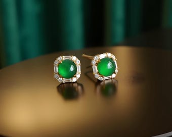 Jadeite Jade Stud Earrings in 18K Gold Vermeil, Natural Green Jade Earrings, Fine Jewelry, Luxury Gold Studs, Elegant Gift, Gemstone Earring