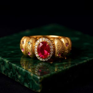 May include: A gold ring featuring an oval, ruby-red gemstone encircled by small diamonds. The ring's band has a textured design with starburst and small gemstone accents. The ring is displayed on a green surface.