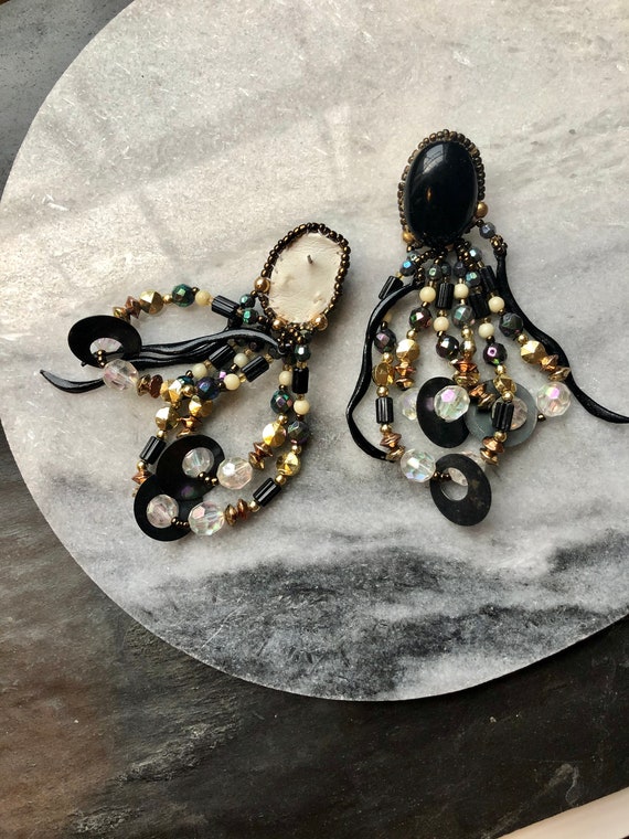 Vintage Black Glass Beads & Leather Tassel Statem… - image 3