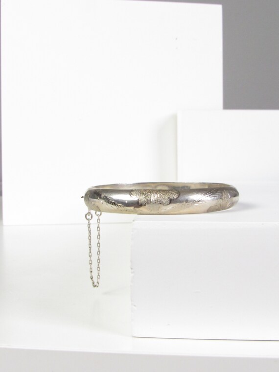 925 THAI Floral Etched Sterling Silver Bangle Brac