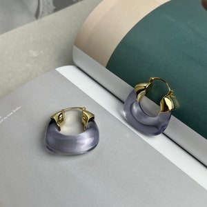 Translucent Lavender Purple Resin Gold Hoop Earrings, Gold Earrings, Pierced Earrings, Resin Earrings, Purple Hoops, Wedding Earrings image 5