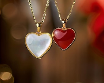 18K Solid Gold Heart Pendant Necklace | Reversible Red Carnelian & Mother-of-Pearl Necklace | Double-Sided Heart Jewelry Gift