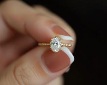 9K Solid Gold Oval Solitaire Ring • Vintage Beaded Band Engagement Ring • Dainty Diamond Ring • Minimalist Gold Ring • Promise Ring Gift