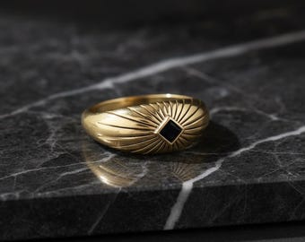 18K goudgevulde onyx zegelring | Minimalistische gouden ring zwarte onyx | Op art deco geïnspireerde ring voor dames | Rustige luxe cadeau-sieraden